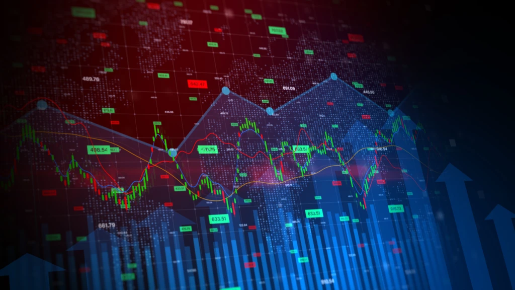 Imagem de gráficos financeiros e indicadores de mercado de ações, representando análise de investimentos e trading com foco na palavra-chave risco na Bolsa de Valores.