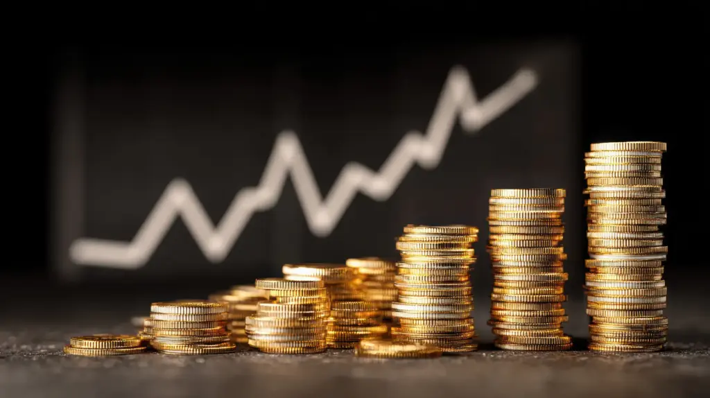 Pilha de moedas de ouro sobre fundo escuro com gráfico de crescimento ascendente ao fundo, sugerindo aumento de receitas e valorização de investimentos.