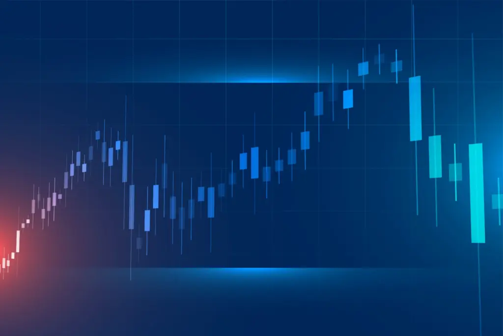 Gráfico de análise de ações com candle sticks, representando tendências do mercado financeiro em tecnologia financeira