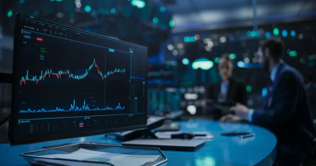 Análise de mercado financeiro com profissionais em uma sala de negócios, monitorando gráficos de ações em uma grande tela de computador em ambiente empresarial moderna.