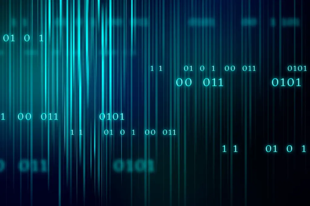 Imagem com código binário digital representando dados de tecnologia e informática, ideal para temas de hacking, segurança digital ou tecnologia da informação.
