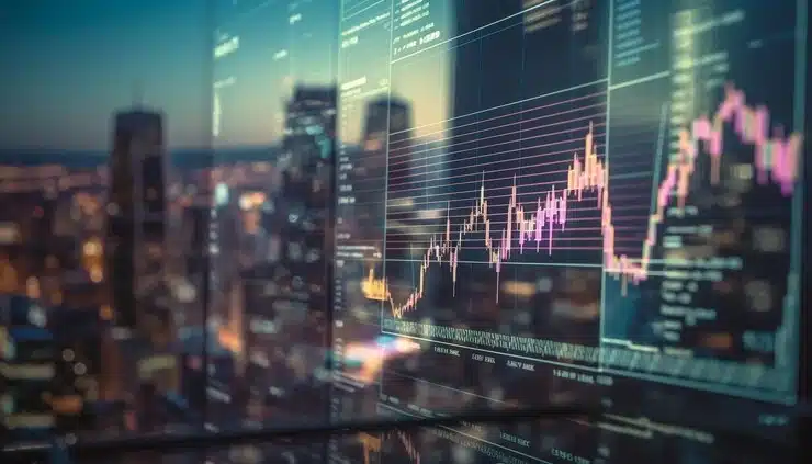Análise de gráficos financeiros em uma tela de computador com vista panorâmica de uma cidade ao fundo, destacando tendências de mercado e negociações financeiras.