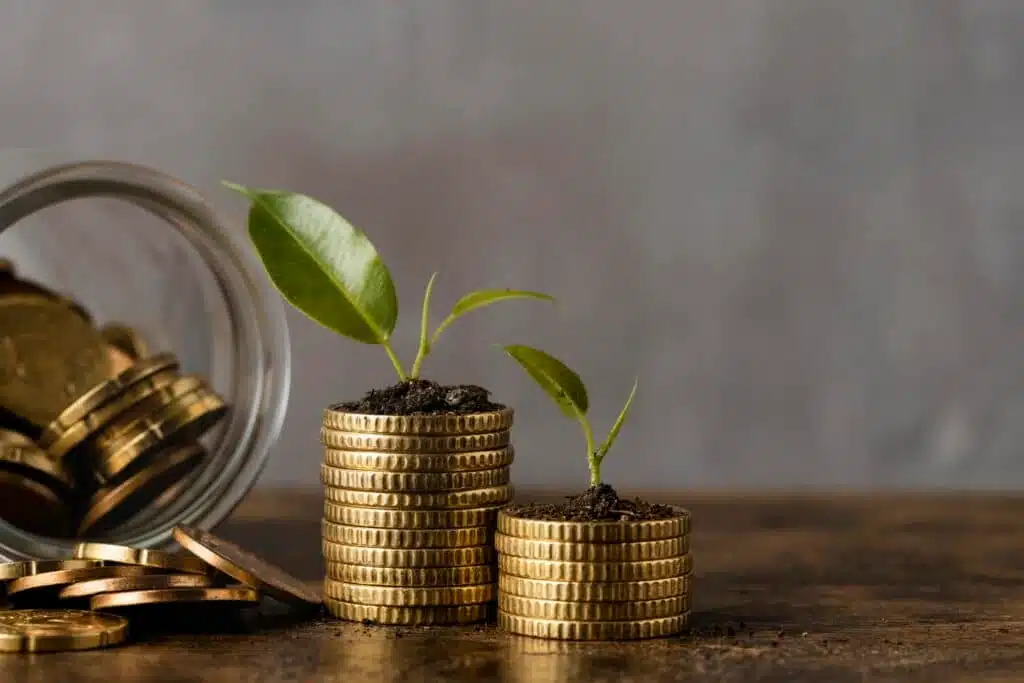 Imagem de moedas de ouro empilhadas com plantinhas crescendo, simbolizando crescimento financeiro e investimento inteligente.