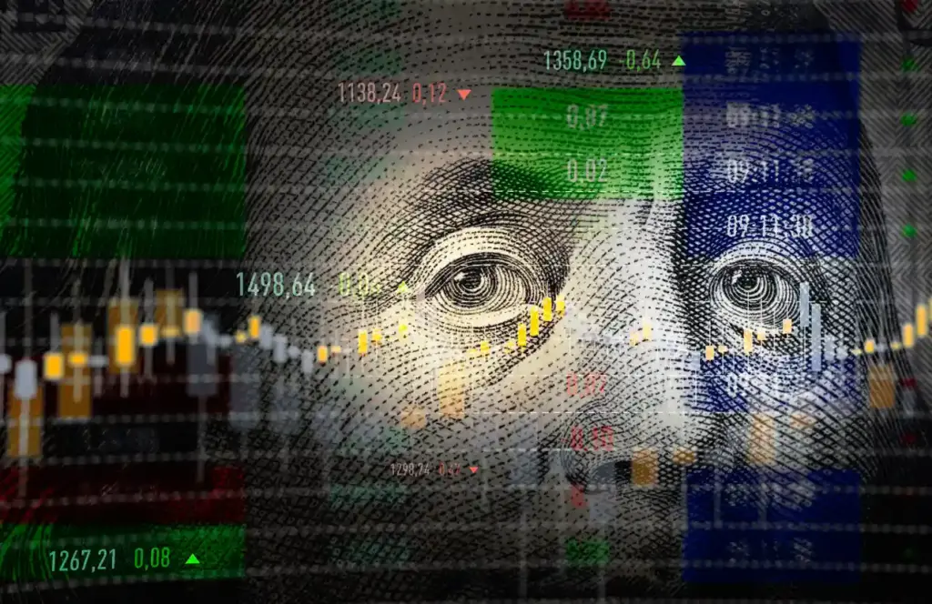 Imagem conceitual de finanças e investimentos com notas de dólar, gráficos de bolsa de valores e uma representação da nota de um dólar de frente.