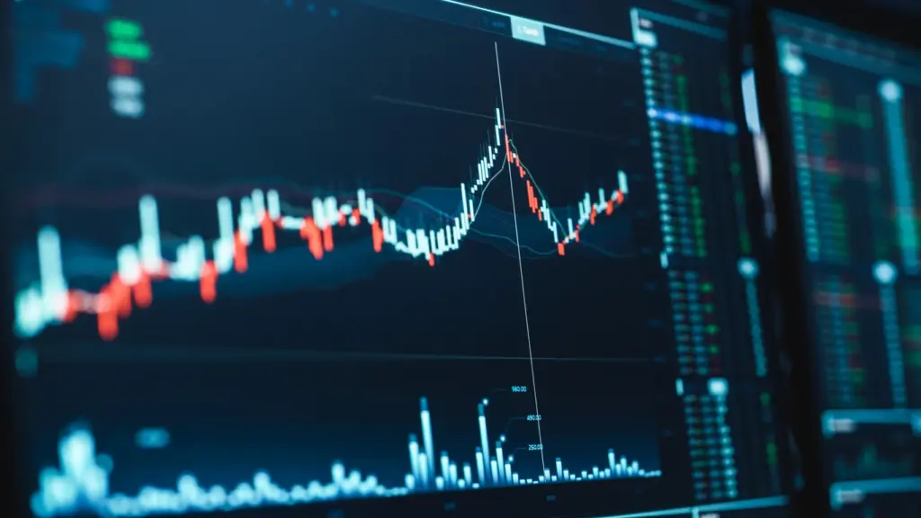 Gráfico de ações com linhas e barras mostrando dados financeiros no mercado de investimentos