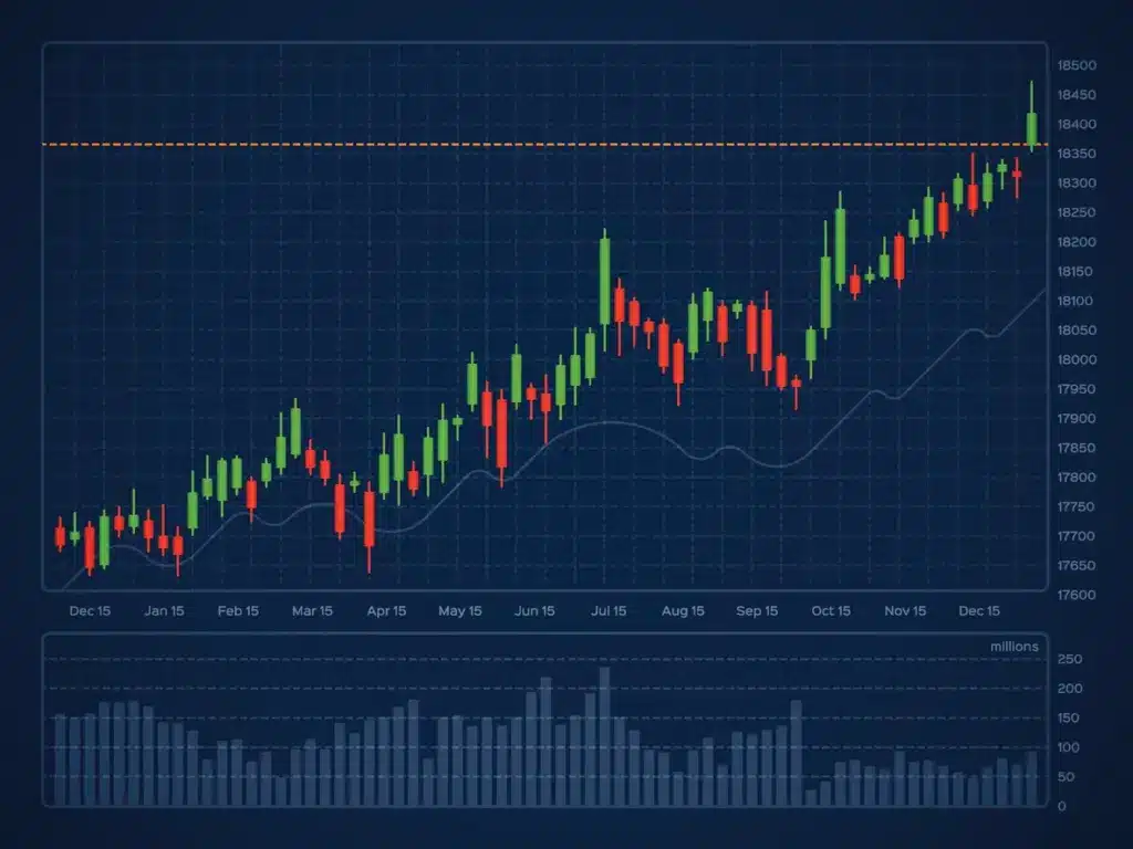 Gráfico de ações mostrando tendência de alta, sinais de crescimento no mercado financeiro em dezembro.