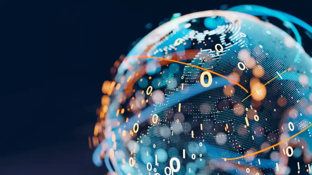 Imagem de um globo digital com elementos futuristas e conexões de dados, simbolizando tecnologia, inovação, e a era digital.