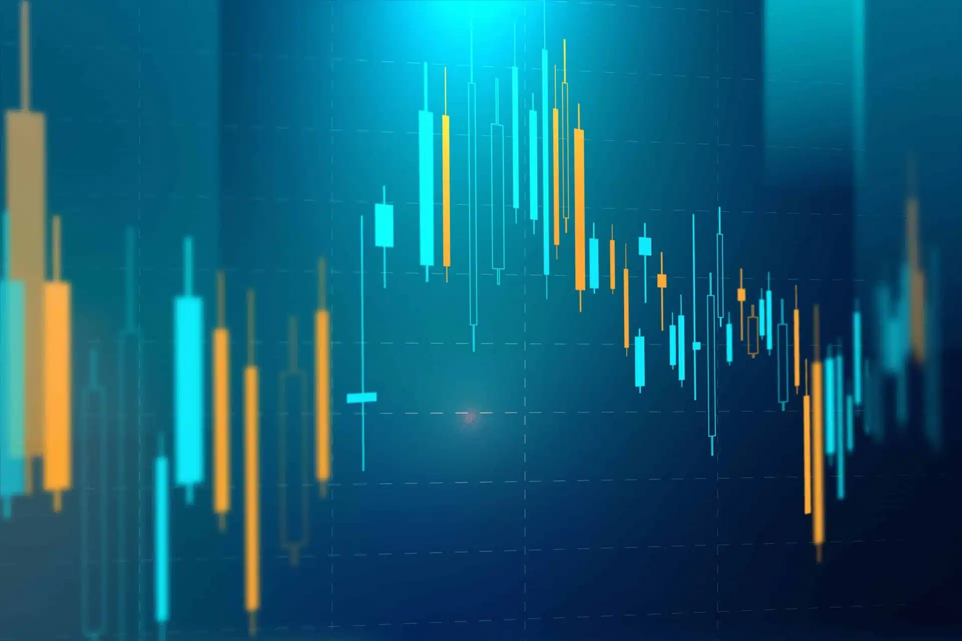 Gráfico de velas de análise de mercado financeiro com dados de alta e baixa, indicando variações no preço de ativos digitais, ideal para investimentos e trading.