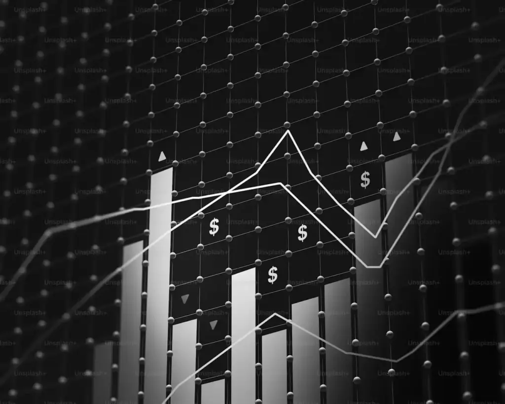 Gráfico de crescimento financeiro com barras e linhas indicando tendências de investimento e lucro, ideal para conteúdos sobre finanças e investimentos.