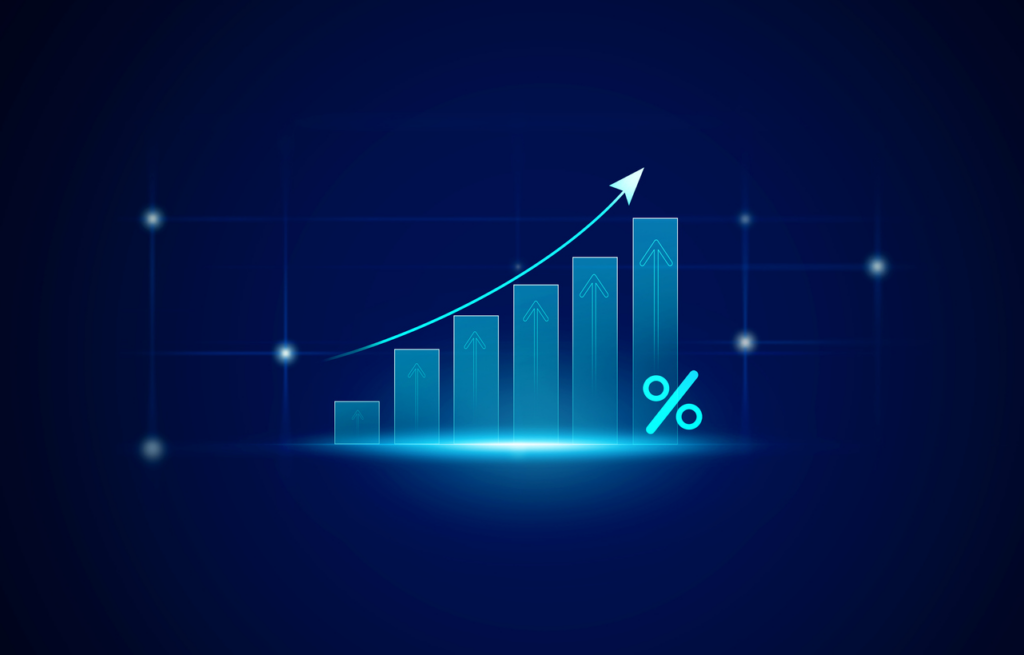 Gráfico de crescimento de negócios com barras ascendentes, linha de tendência ascendente e símbolo de porcentagem, representando aumento e progresso econômico.