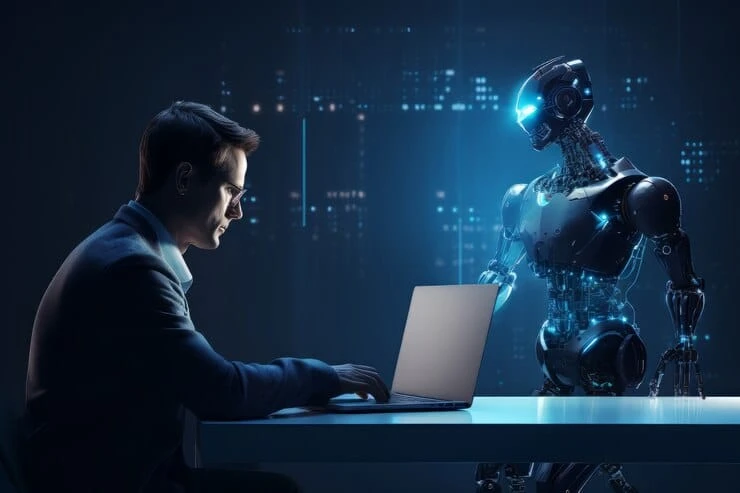 Pessoa trabalhando em um computador ao lado de um robô futurista, simbolizando a interação entre humanos e inteligência artificial.