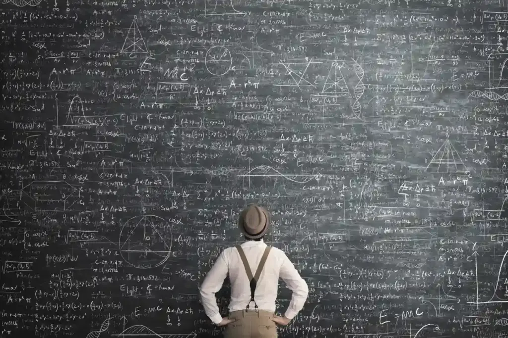 Pessoa de costas observando um quadro-negro cheio de equações e fórmulas matemáticas, representando estudo e aprendizado em matemática e física.