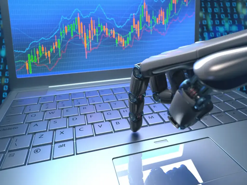 Imagem de um robô interagindo com um teclado de laptop, monitor exibindo gráficos financeiros e dados de mercado, simbolizando inteligência artificial e análise de investimentos.