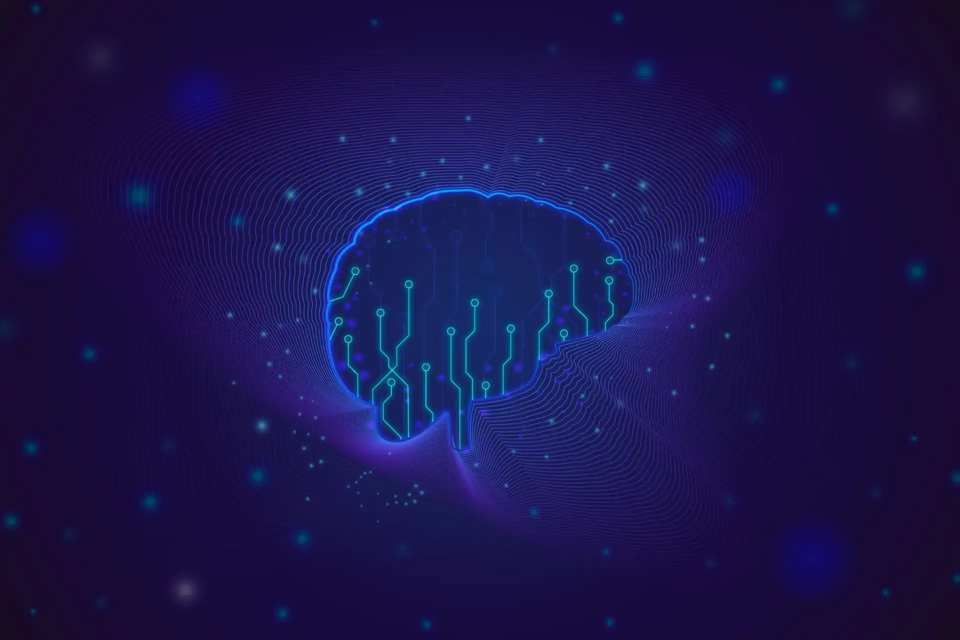 Imagem de um cérebro digital com circuitos elétricos, representando inteligência artificial e tecnologia avançada, em fundo escuro com efeitos de luz azul.