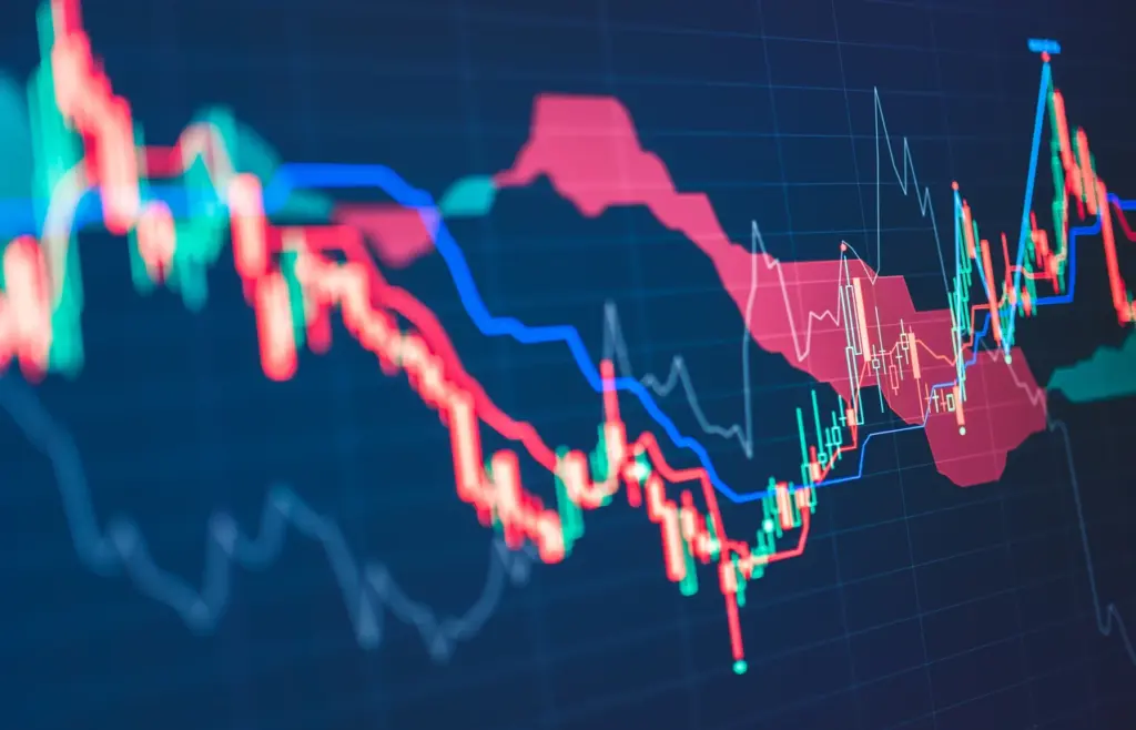 Gráfico de ações com linhas e áreas coloridas representando variações do mercado financeiro, ideal para análises de investimento e economia.