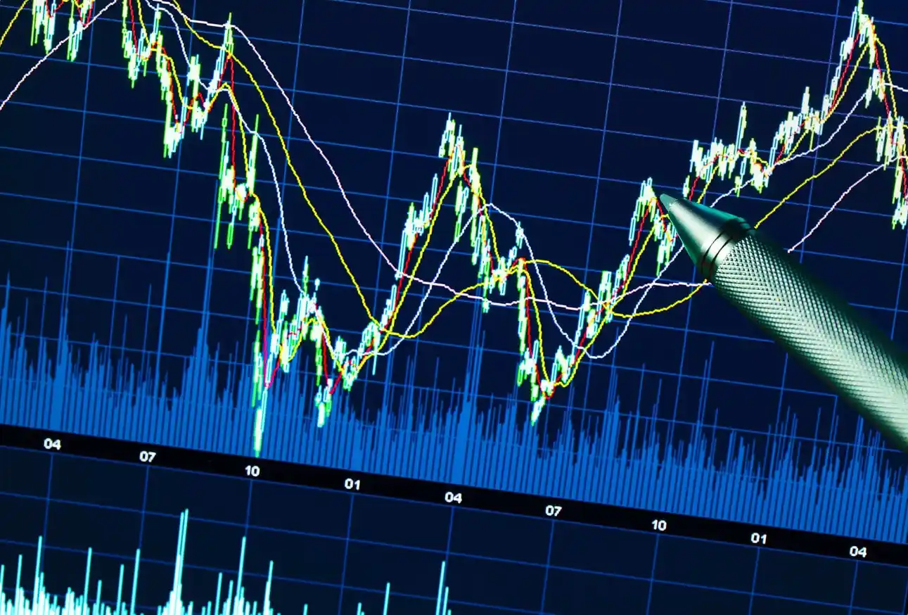 Gráfico de análise de mercado com candles e médias móveis, barras de volume e linhas de tendência, com uma caneta digital apontando para a curva em alta.