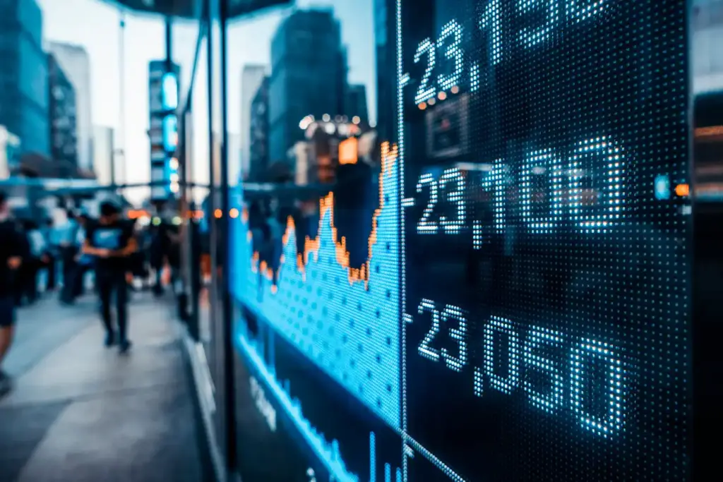 Imagem de uma tela digital exibindo gráficos financeiros e números de ações em um ambiente de centro financeiro movimentado, com pessoas ao fundo.