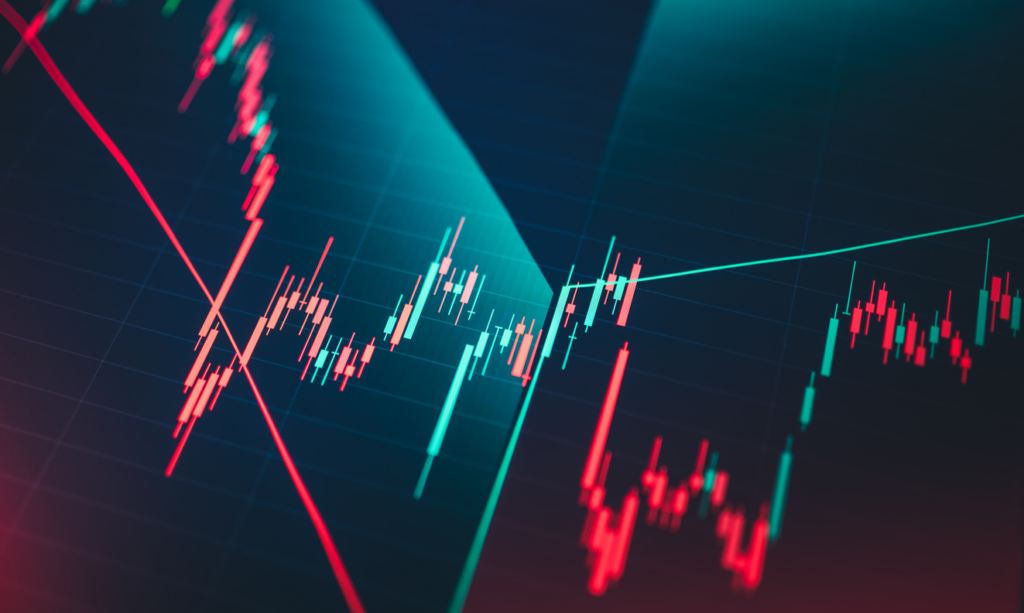 Gráfico de análise financeira mostrando tendências de mercado, candlesticks e linhas de progresso em investimento, representando estratégias de trading e análise de ações.