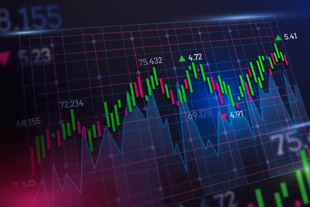 Gráfico de ações com tendências de alta e baixa, representação de dados financeiros e movimentos do mercado de ações.