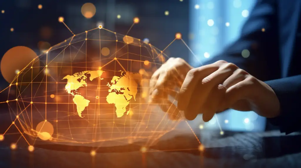 Imagem de um homem de terno interagindo com uma representação digital do globo terrestre, conectada por linhas que representam redes globais, simbolizando tecnologia e conectividade mundial.