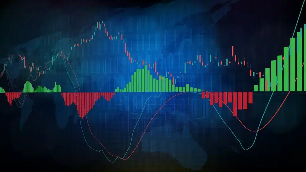 Gráfico de análises financeiras com barras verdes e vermelhas, linhas de tendência e fundo digital, representando estratégias de trading e investimento.