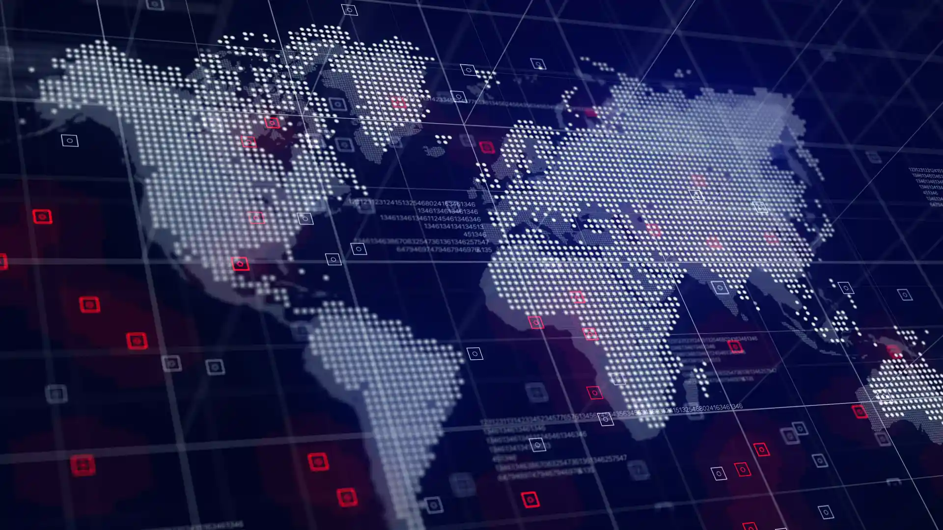 Mapa mundial digital com pontos de conexão e linhas de transmissão, representando tecnologia e comunicação global.