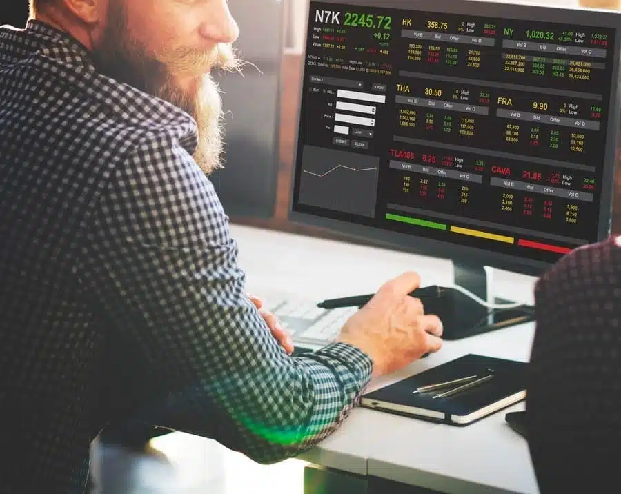 Homem com barba trabalhando em um computador com gráficos e cotações de mercado na tela, analisando preços e dados financeiros em ambiente de trading.