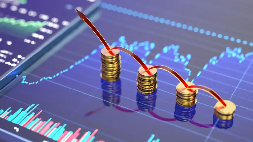 Ilustração com moedas de ouro empilhadas e uma curva de crescimento em vermelho sobre gráfico financeiro com linhas e indicadores em azul, sugerindo aumento de investimentos e lucro.