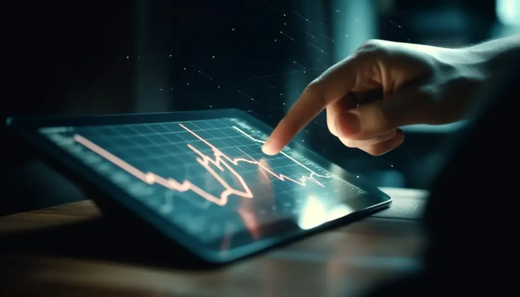 Pessoa analisando um gráfico de mercado financeiro em um tablet com tecnologia moderna, representando investimentos e análise de ações.
